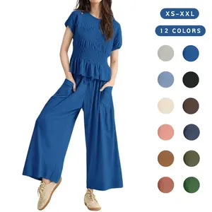 SCUSTY Women's 2-Piece Smocked Top & Wide-Leg Pants Set High-Waisted Lounge Outfit with Pockets Casual Boho Matching Set Minimalist Basic Kleinblue Crewneck Clothes Suits Fitted Trouser