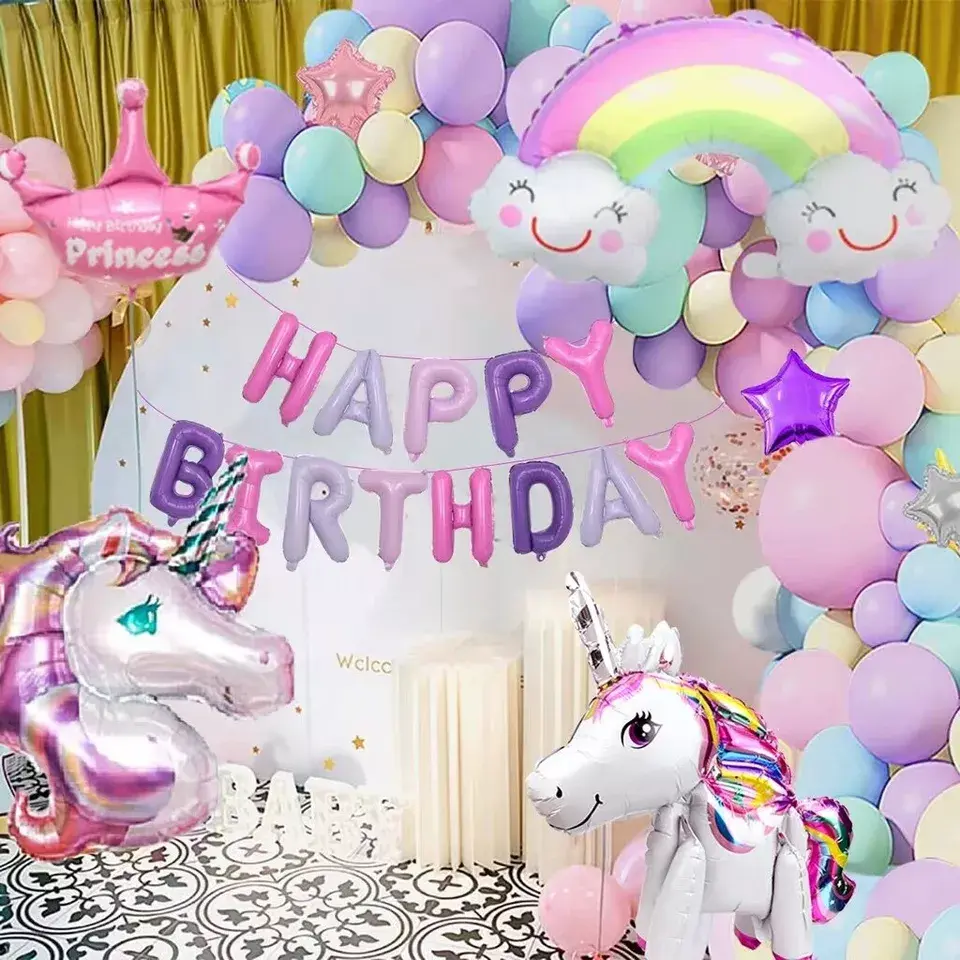 Girls' Unicorn Helium Foil Balloons 29-Pack - Festive Party Supplies Set with Banner, Balloon Garland, Oval/Solid/Patchwork Bedroom Birthday Decorations