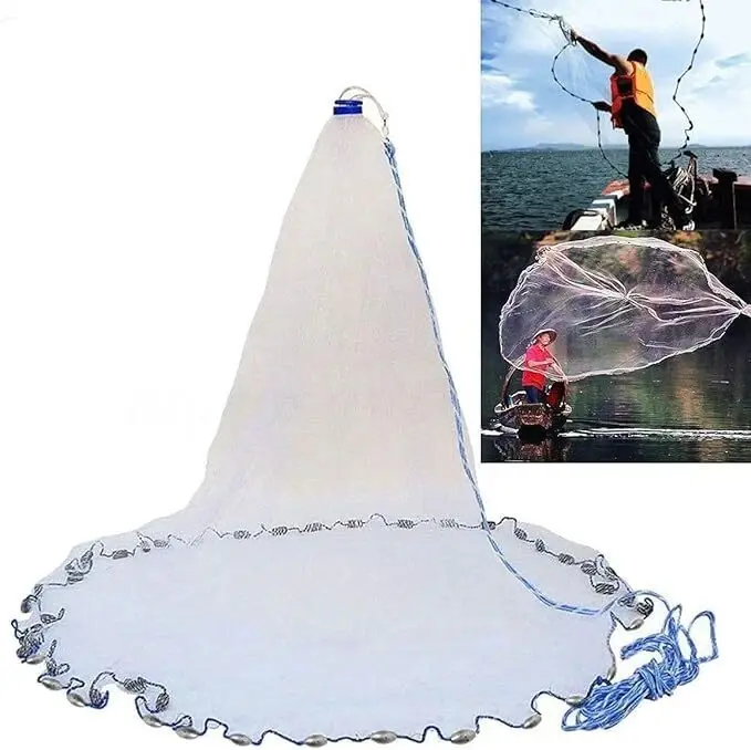 Ringless Hand Throw Fishing Cast Net | Traditional Hand-Spread Spin Net with Rotating Bag  Large Fishing Cast Net with Sinker