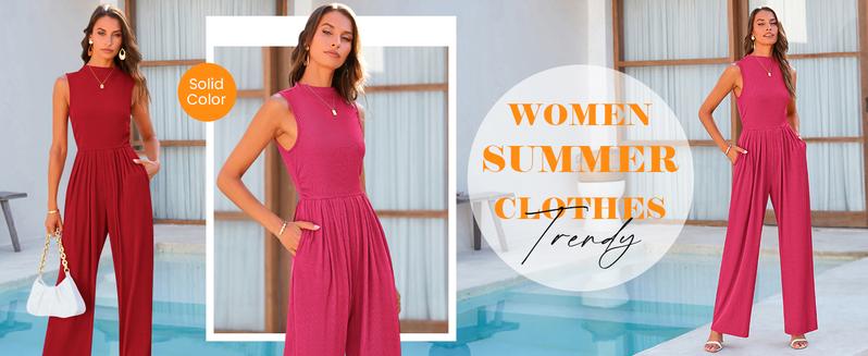 PrettyGarden Women's Summer Jumpsuits Dressy Casual Outfits Sleeveless Mock Neck Wide Leg Pants Rompers with Pockets