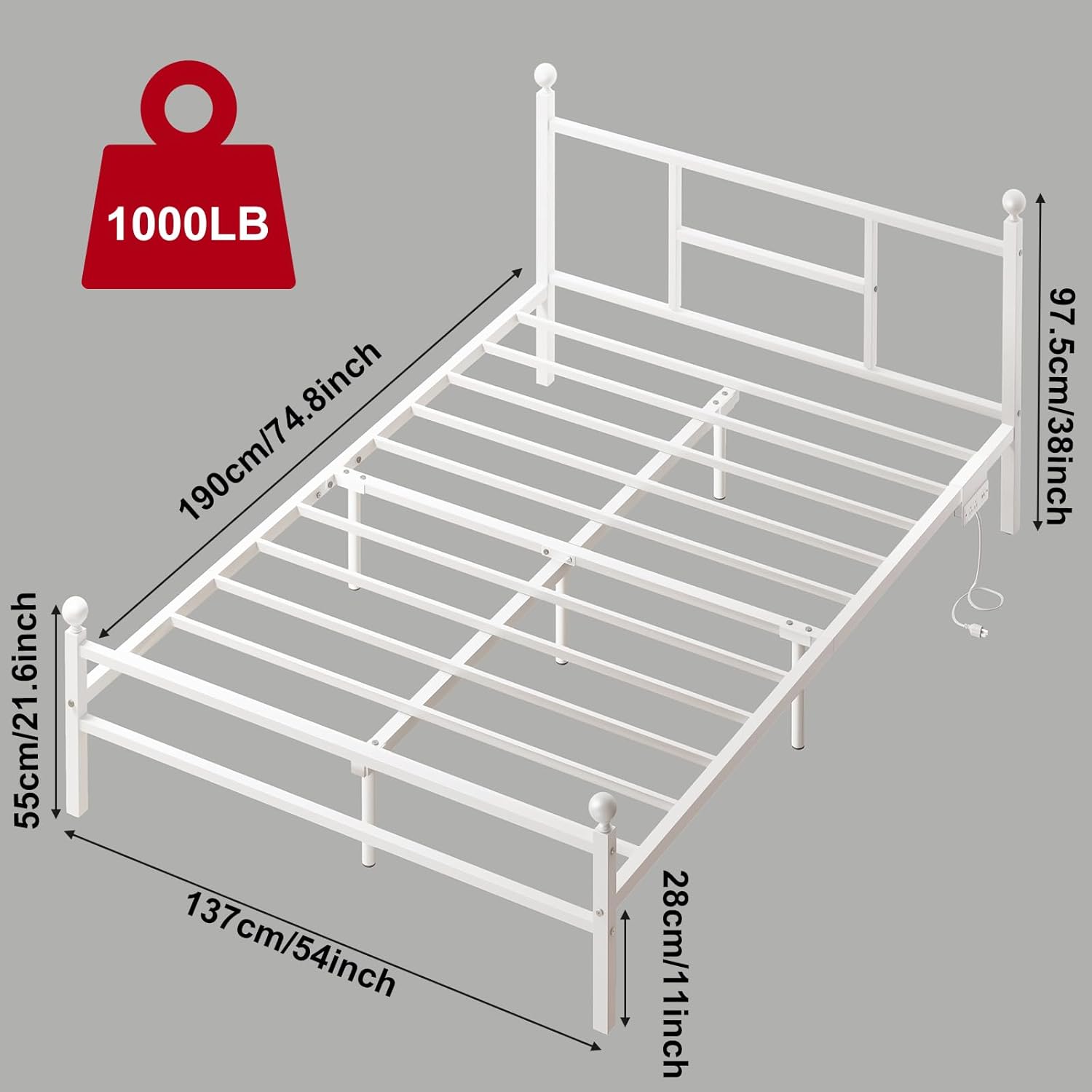 Full Size LED Bed Frame with Charging Station, Metal Platform Bed with USB Ports & Outlets, Heavy Duty Frame with Under Bed Storage, Easy Assembly