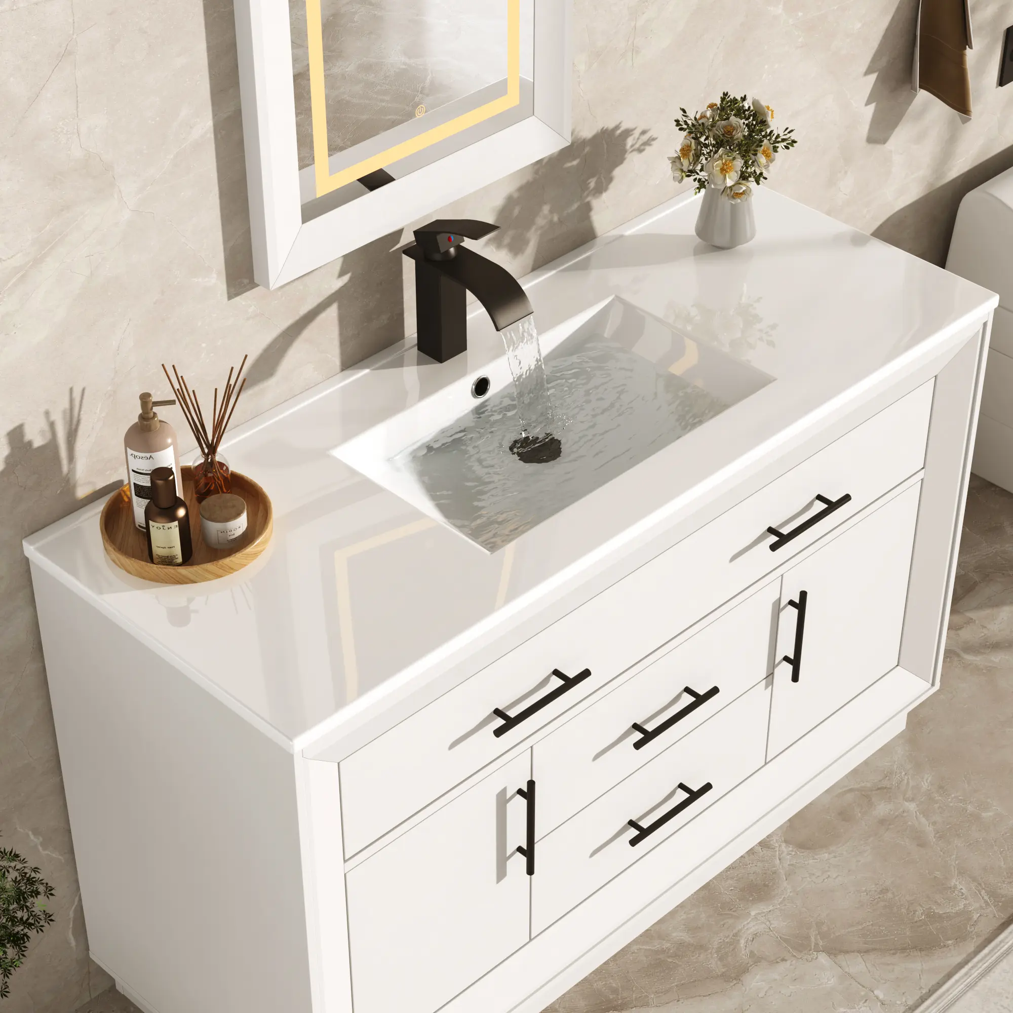 【2Packages Shipping】48" Bathroom Vanity w/Sink & LED Mirror & Faucet,Modern Bathroom Vanities Set w/ 3-Color Lighting, Curved Splash-Reducing Basin, Bath Vanity w/Large Storage Cabinet&Drawers,White/Rustic Brown