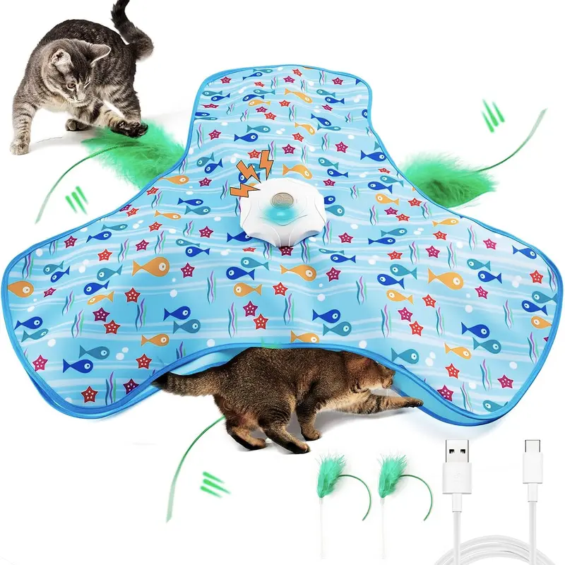 Hide And Seek Cat Toys with 2 Teasing Sticks, Touch Activated Cat Kitten Toy Exercise Toys for Indoor Bored Cats, Interactive Cat Toys Rechargeable, Moving Concealed Feathers, Real Mouse Squeaky