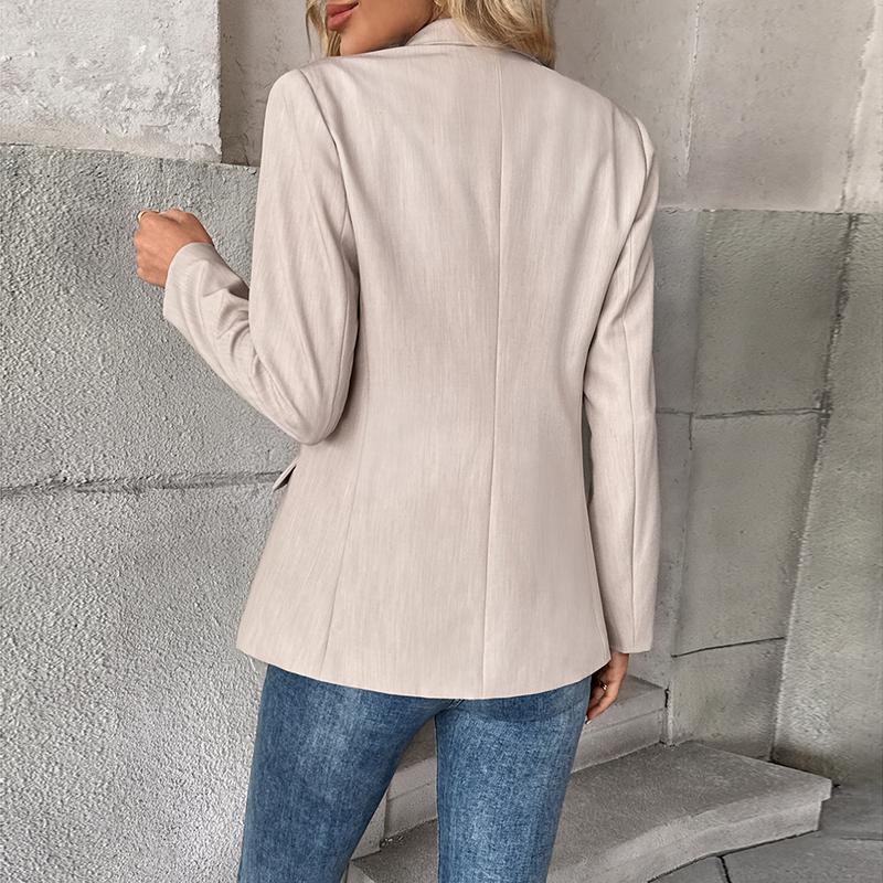 Women's Beige Business Casual Blazer Solid Color Work Jacket Lightweight Office Coat with Button Detail for Professional Spring Fall Outfits Chic Piece Collared Fitted Long Sleeve Minimalist Suits