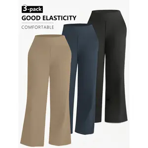 3 Pairs Women's Wide-Leg Suit Pants with Elastic Waist - Heavy-Duty Winter Pants Suitable for Work, Daily Wear, Grey, Full-Length Pants with Pockets, Machine Washable Elegant Professional Attire, Suitable for Gym, Jogging, Outdoor & Casual Wear