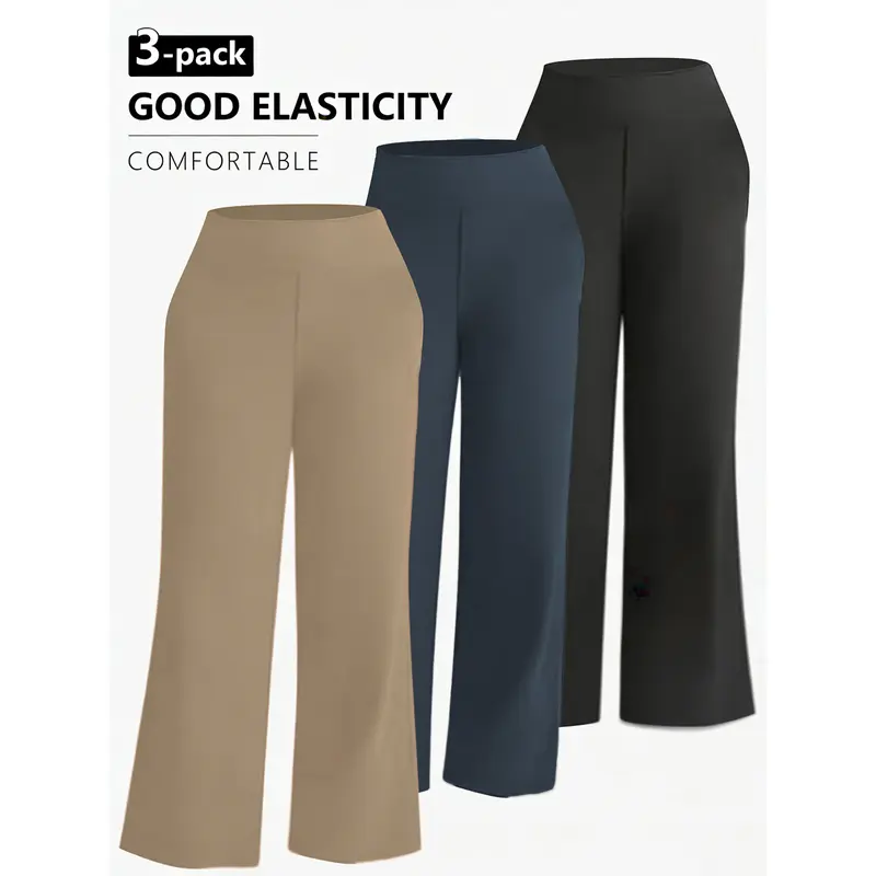 3 pairs of loose-fitting women's pants, with elastic waistband design - women's summer straight-leg pants, suitable for work and daily wear. With pockets. The fabric is thin and breathable, suitable for gym, jogging, outdoor and casual outfits. Bottoms Ca
