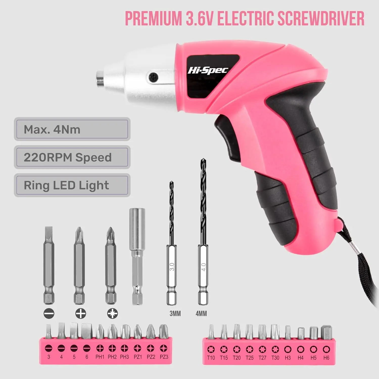 Hi-Spec Electric Screwdriver 27pc 3.6V Pink USB Small Power Screwdriver ...