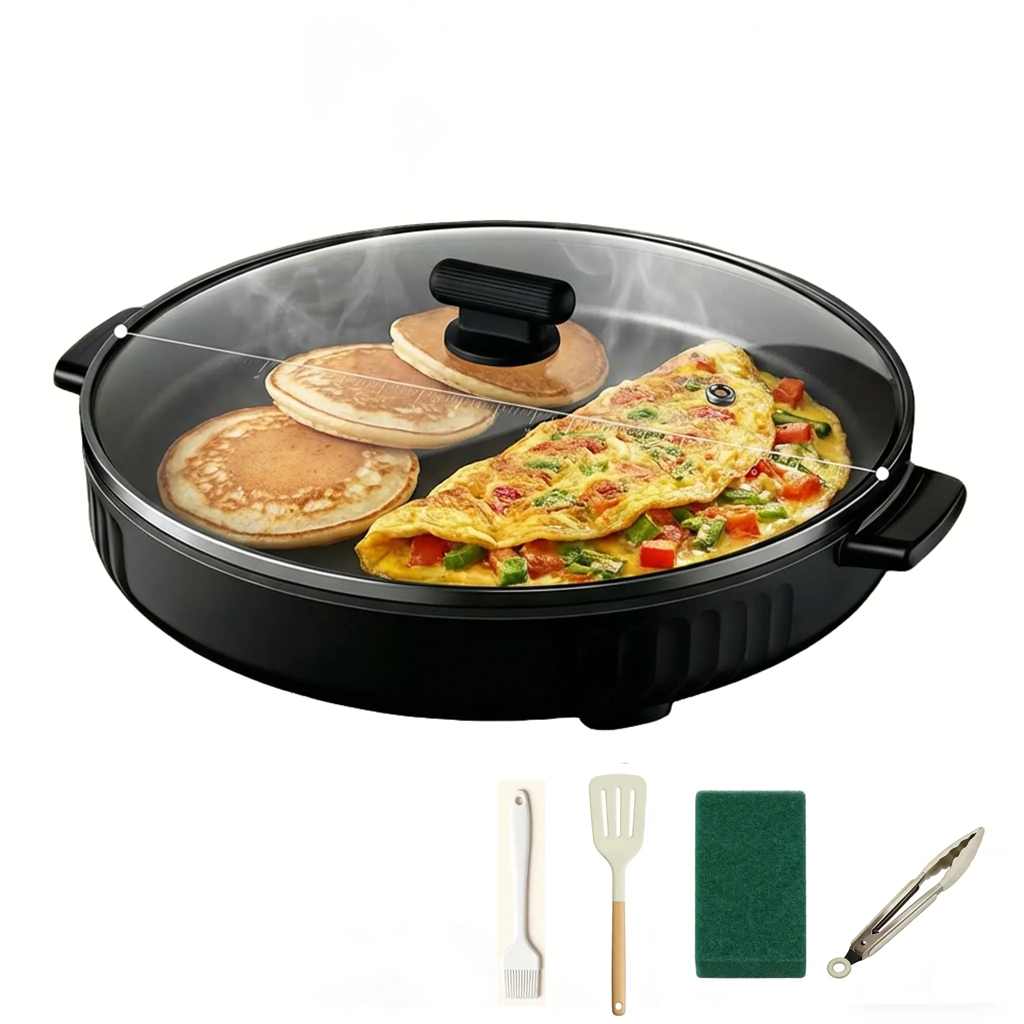 40cm Large Electric Skillet with Frying Pan Function, 4cm Deep Non-Stick Surface, 5-Level Temp Control, Glass Lid, Suitable for Frying/Roasting/Simmering, Ideal for Family Meals