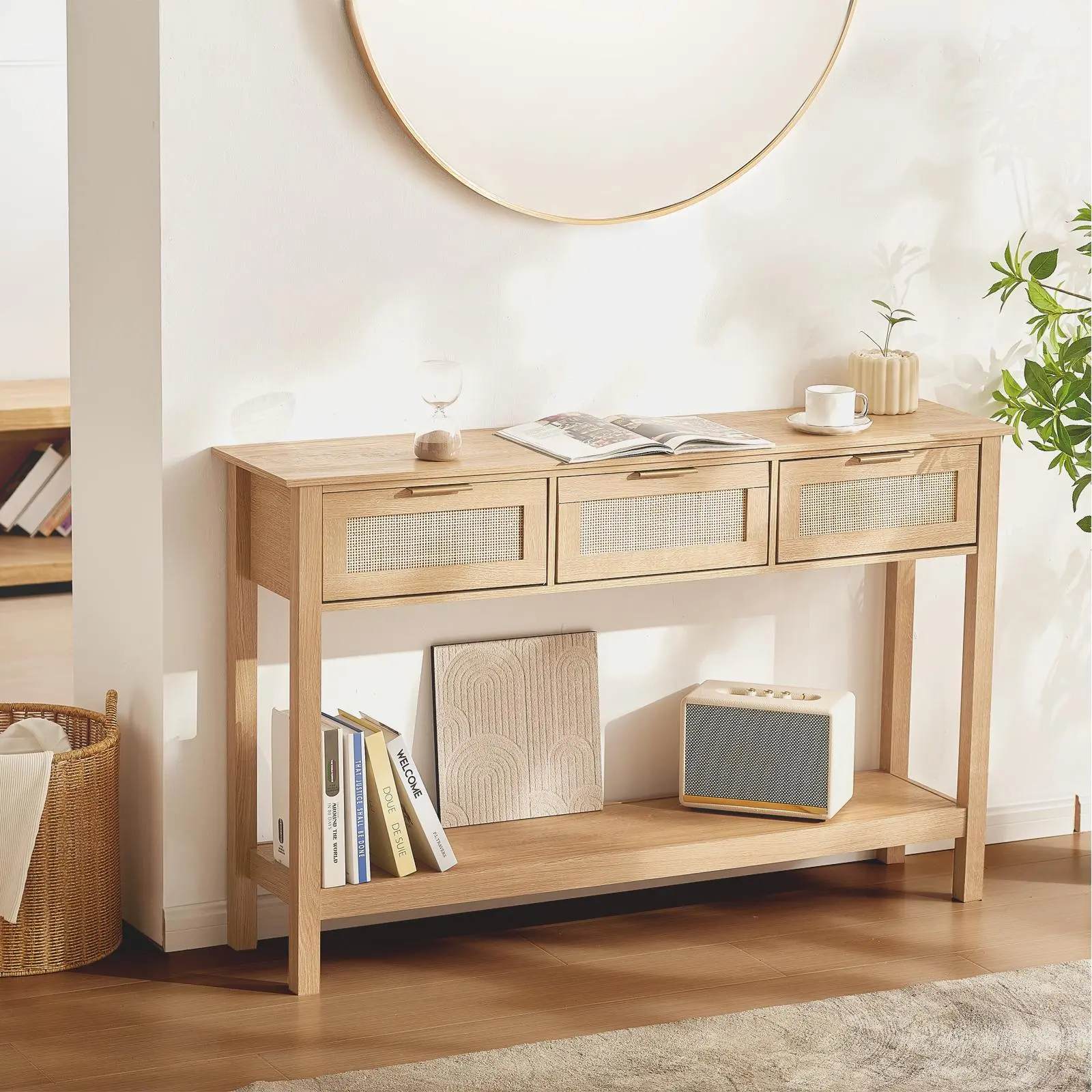 VEVOR Rattan Console Table with 3 Storage Drawers,  , Rattan Entryway Table with Natural Rattan Sliding Door, Console Sofa Table for Living Room, Study, Entryway Or TV Wall, Natural#BackToSchool