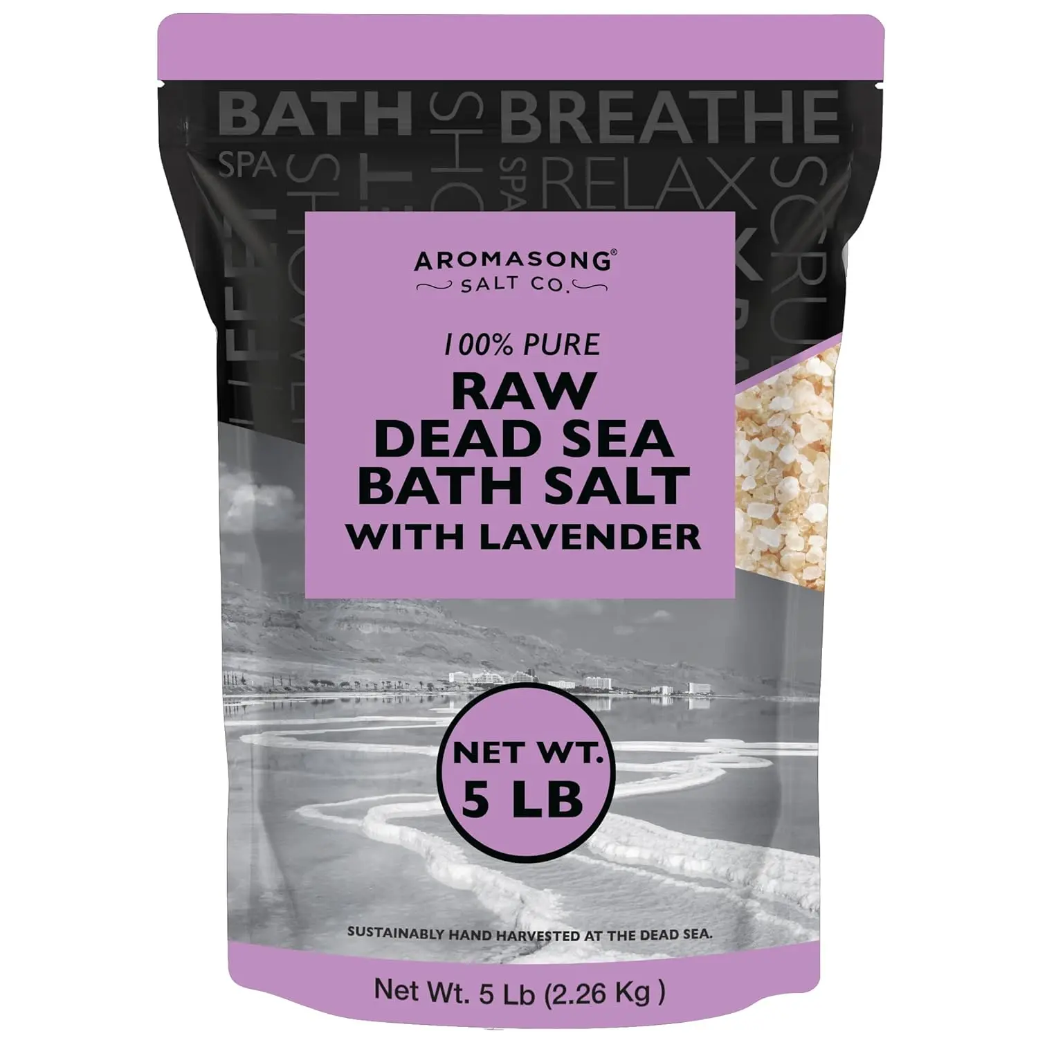 AROMASONG Raw Dead Sea Salt, Lavender Bath Soak for Soothing Skin Hydration and Body Relaxation, 5 lbs, Natural Salt, Skin Soothe, 24 Months, Self-Care, Add To Bath, 2.26 Kg, Contains Neither, Original, Cleanser, Body Care, Moisturizing