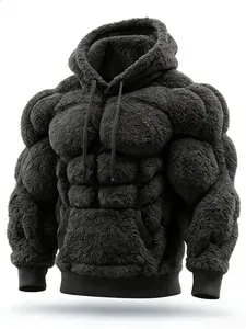 Men's Muscle Hoodie-Plush Fleece Sweatshirt for Outdoor,2D Street Style Muscle Line Fuzzy Cotton Blend Hoodie