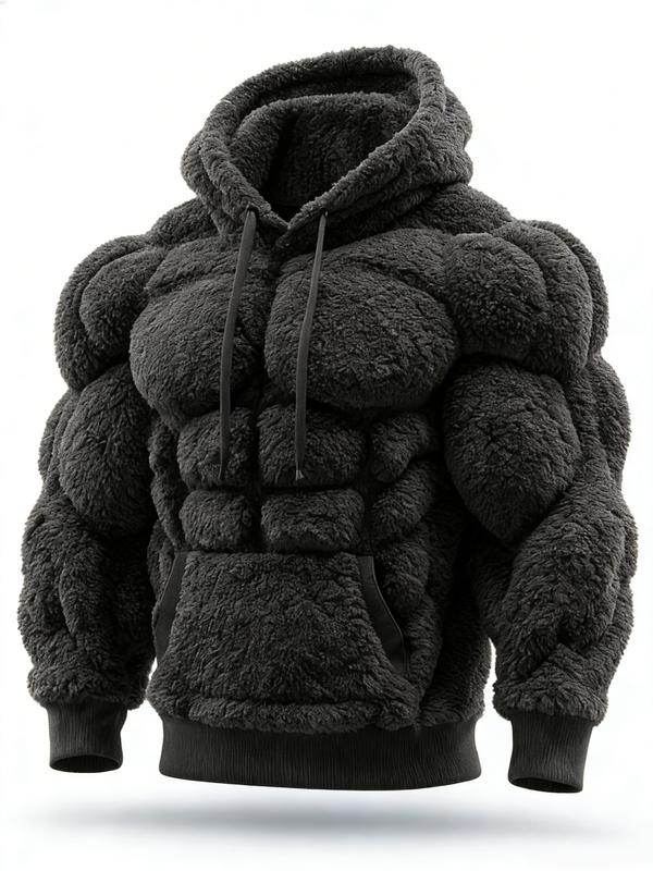 Men's Muscle Hoodie-Plush Fleece Sweatshirt for Outdoor,2D Street Style Muscle Line Fuzzy Cotton Blend Hoodie