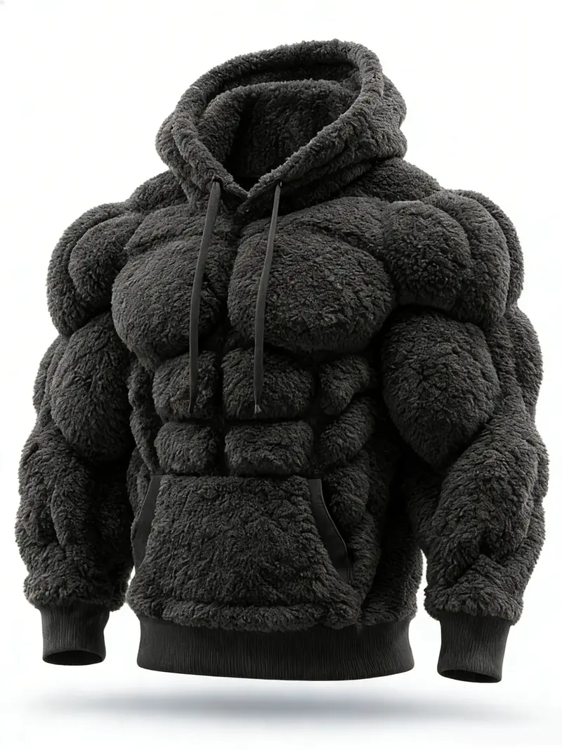 Men's Muscle Hoodie-Plush Fleece Sweatshirt for Outdoor,2D Street Style Muscle Line Fuzzy Cotton Blend Hoodie