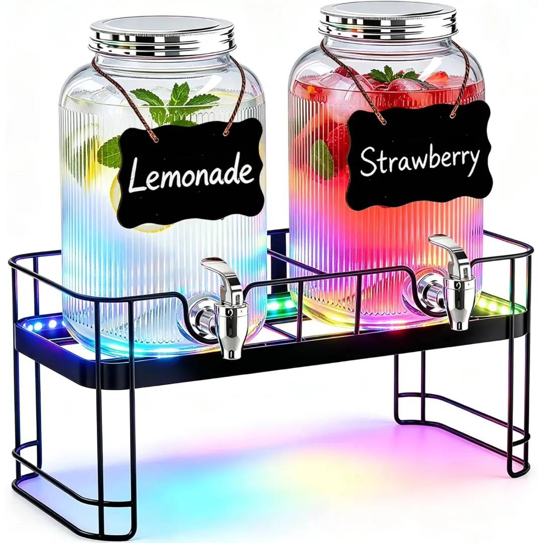 Party beverage dispensers, 2-pack, 1-gallon glass beverage dispenser with stand and LED light strip, lemonade/juice dispenser with tap, suitable for weddings, bars, picnics, BBQ buffets, and other events.