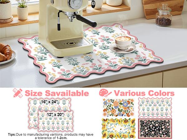 LOKHOM Scalloped Floral Dish Drying Mat for Kitchen Counter, 18"x24" Absorbent Coffee Bar Mat with Vintage Sage Flower Herbs, Dish Drainer Rack Mat for Kitchen Counter Coasters Tableware Colorful