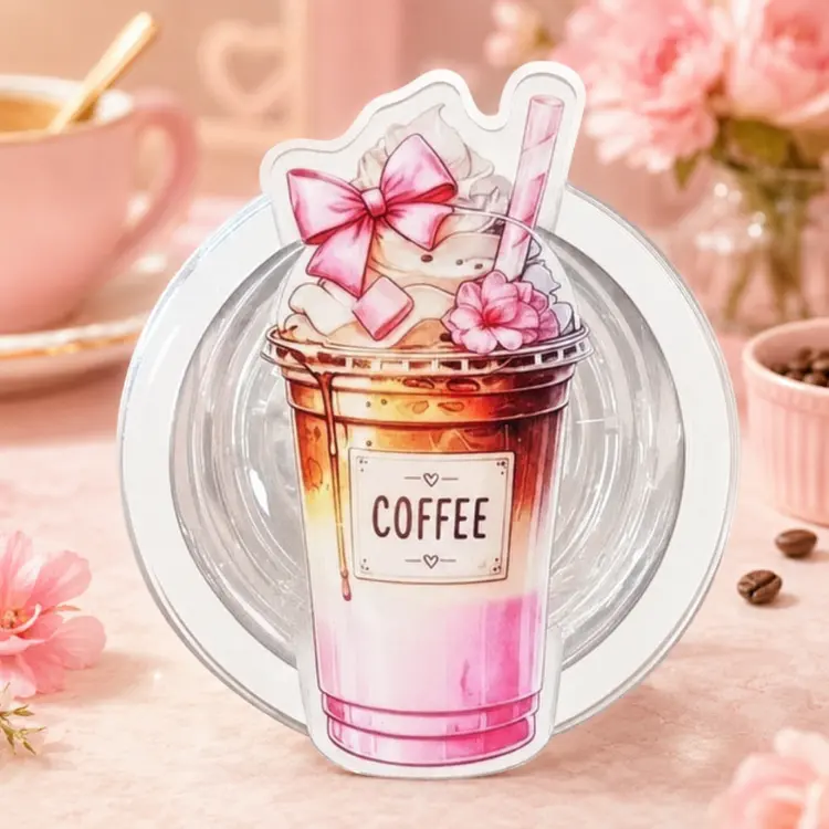 Cute Pink Coffee Cup Phone Grip, Floral Bow Iced Coffee Acrylic Phone Holder, Kawaii Café Phone Accessory for Women and Girls