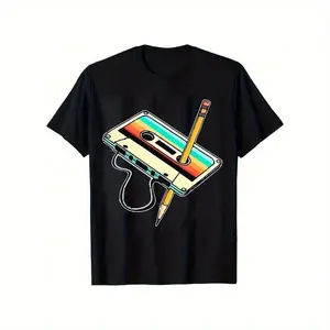 100% Cotton Men'S Retro Cassette Tape And Pencil Pattern Cotton T-Shirt - Black Short Sleeve Crew Neck, Vibrant 80S Design, 100% Cotton, Casual Version, Perfect For All Seasons, Everyday T-Shirt | Playful Print Shirt | Golf Gift T-Shirt For Men And W