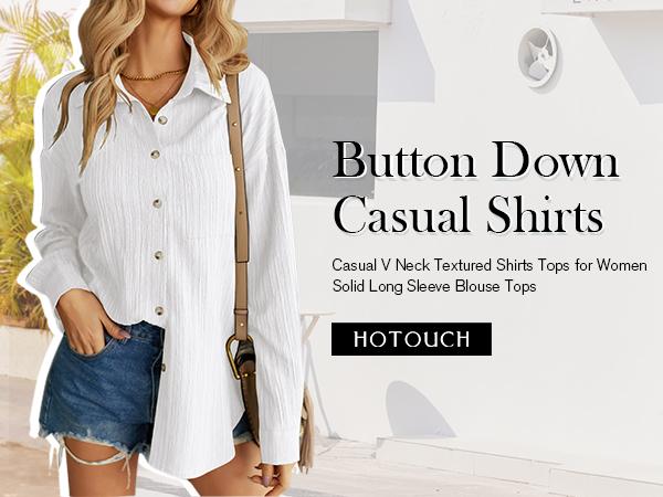 Womenswear Basic Casual Button Down Long Sleeve Shirt with Textured Collar and Pocket Minimalist Collared Blouse for Summer