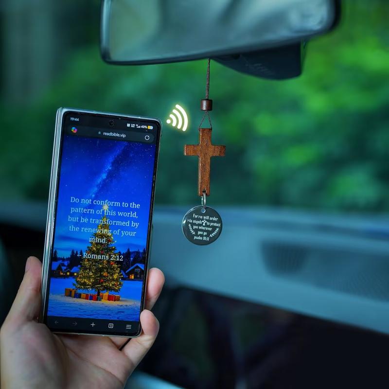 Daily Bible Verse Cross Ornament for Rearview Mirror – Christian Car Pendant with NFC Tag, Hanging Cross for Car Interior or Home, Holiday Gift & Faith Decoration.