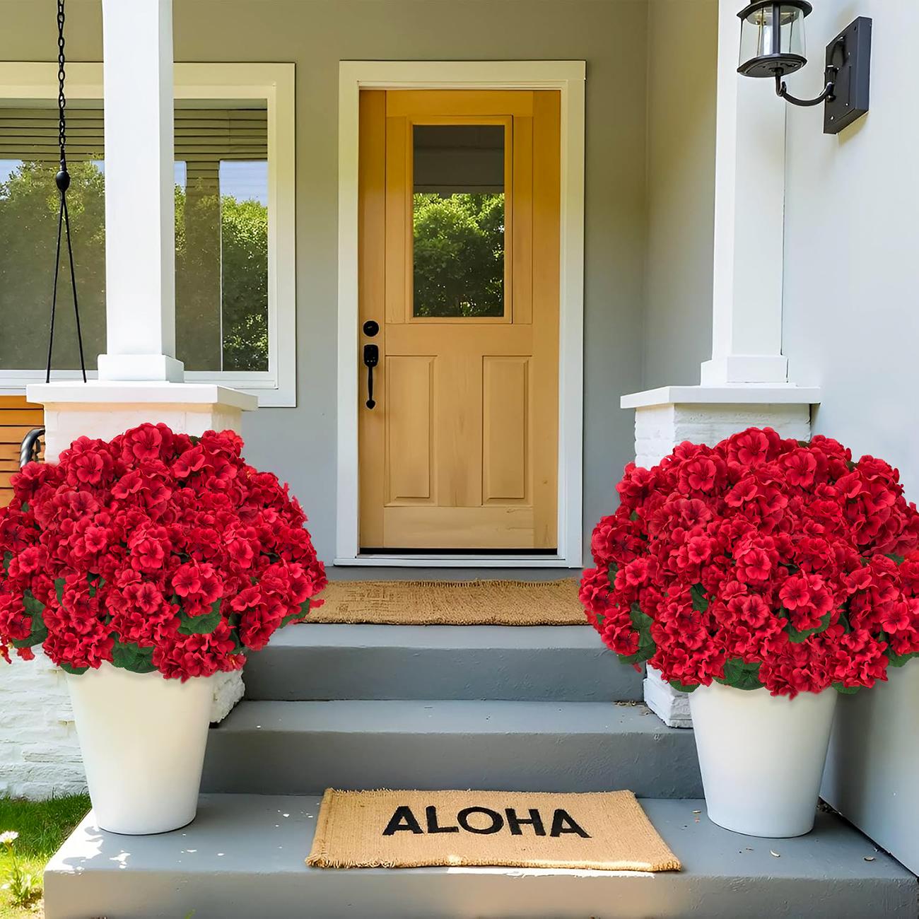 8 bundles of outdoor artificial geraniums, artificial plant UV resistant plastic flowers, used for indoor, outdoor, courtyard, hanging flower pots, porch, window home decoration (8, red)