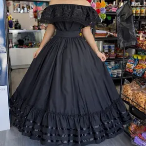 2 piece set Folklore Mexican Solid  skirt and blouse Womenswear