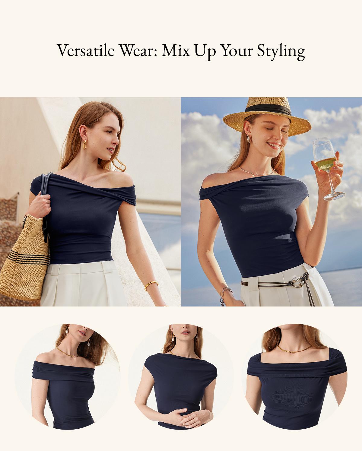 OGL Multi-wear Versatile Necklines Brami Top Womenswear Midnight Navy Basic Minimalist Shirts Women Summer Tshirt Short Built-in-Bra Spring Streetwear Casual  valentine's day outfit SpringStatements