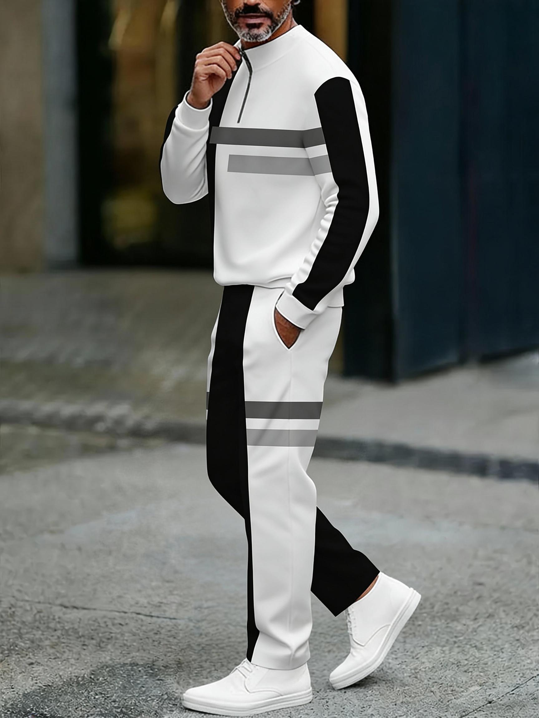 European and American two-piece men's white sports suit |     Geometric stripe design, semi open collar |     High quality polyester fiber fabric, wrinkle resistant and easy to maintain |     Fitness trend, suitable for sports and leisure style
