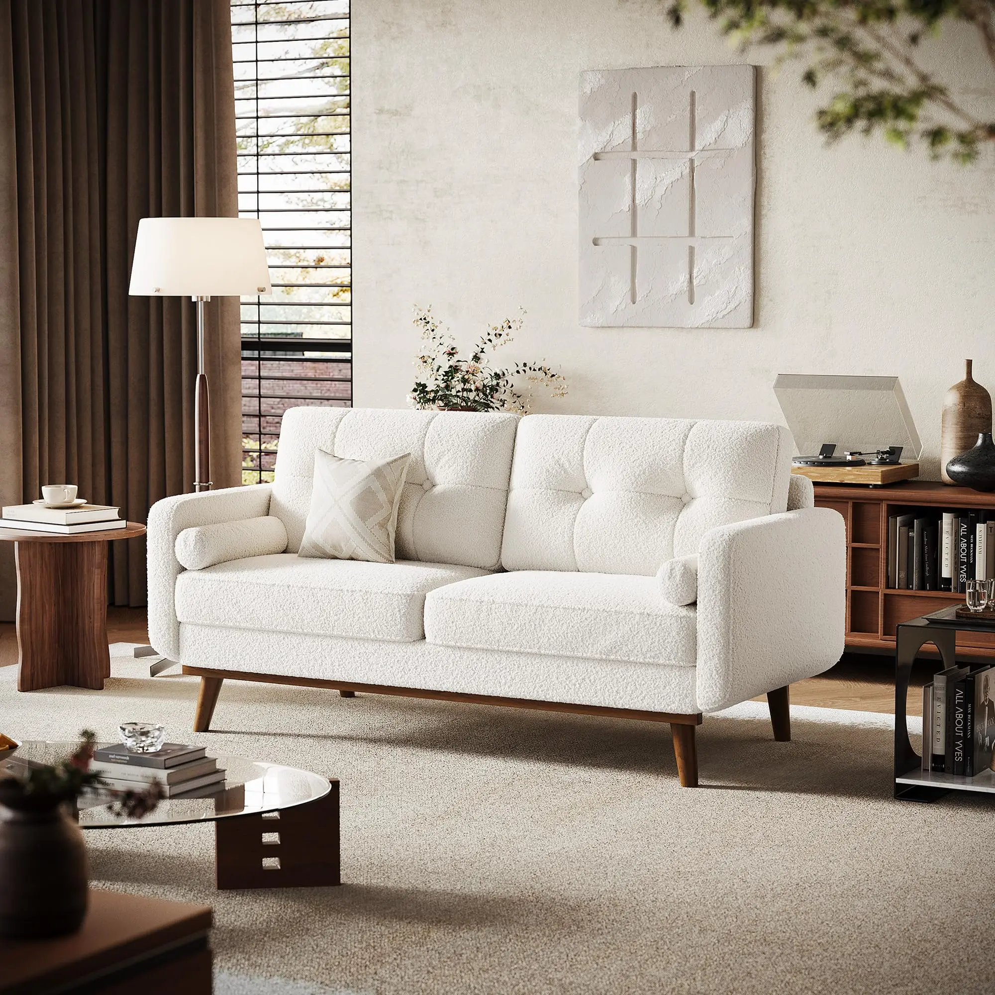 Garvee Loveseat Sofa 65 Inch, Mid Century Modern Love Seat Couch with Button Tufted Back and Wood Legs, Upholstered Linen Sofa for Living Room Bedroom Office, Lambswool off-white