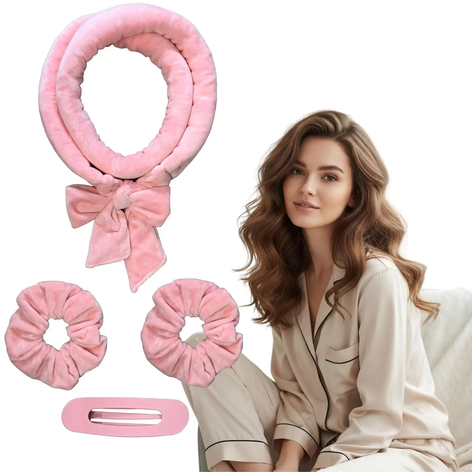 Velvet Heatless Curling Rod Headband for Damage-Free Overnight Curls, Soft Sleep-In Rollers for Long & Medium Hair, Styling Set with 2 Scrunchies & 1 Hair Claw, Heatless Hair Curlers