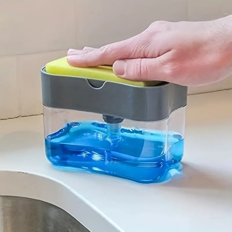 2pcs/set  Dishwashing Liquid Press, Cleaning Pan, Kitchen Type Automatic Liquid Filling Box, Scouring Pad, Dish Washing And Pan Washing Utensil, Soap Liquid Box, Plastic Soap Dispenser, Dishwashing Dispenser