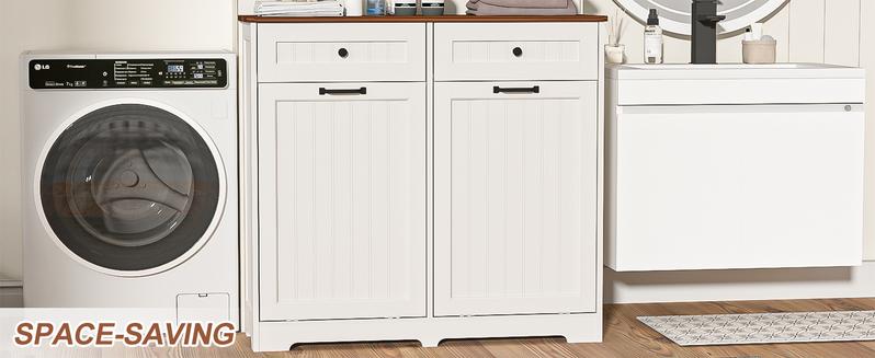 【Does Not Include Trash Can】 Dragosum Wooden Hidden Trash Can Cabinet with Double Tilt-Out Doors and Drawers | Organize Two 10 Gallon Bins in Kitchen, Living Room or Laundry Room – Space Saving Design