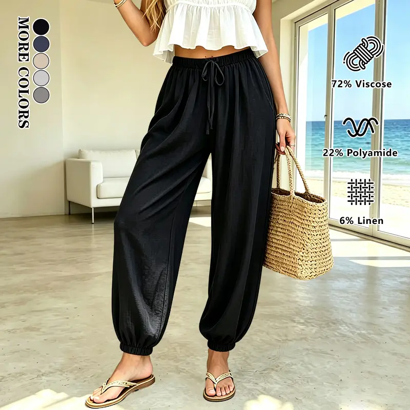 Women Lightweight Linen Joggers, Elastic Drawstring Waist with Side Pockets, Breathable Loose Lazy Long Pants, Casual Loungewear for Travel Vacation