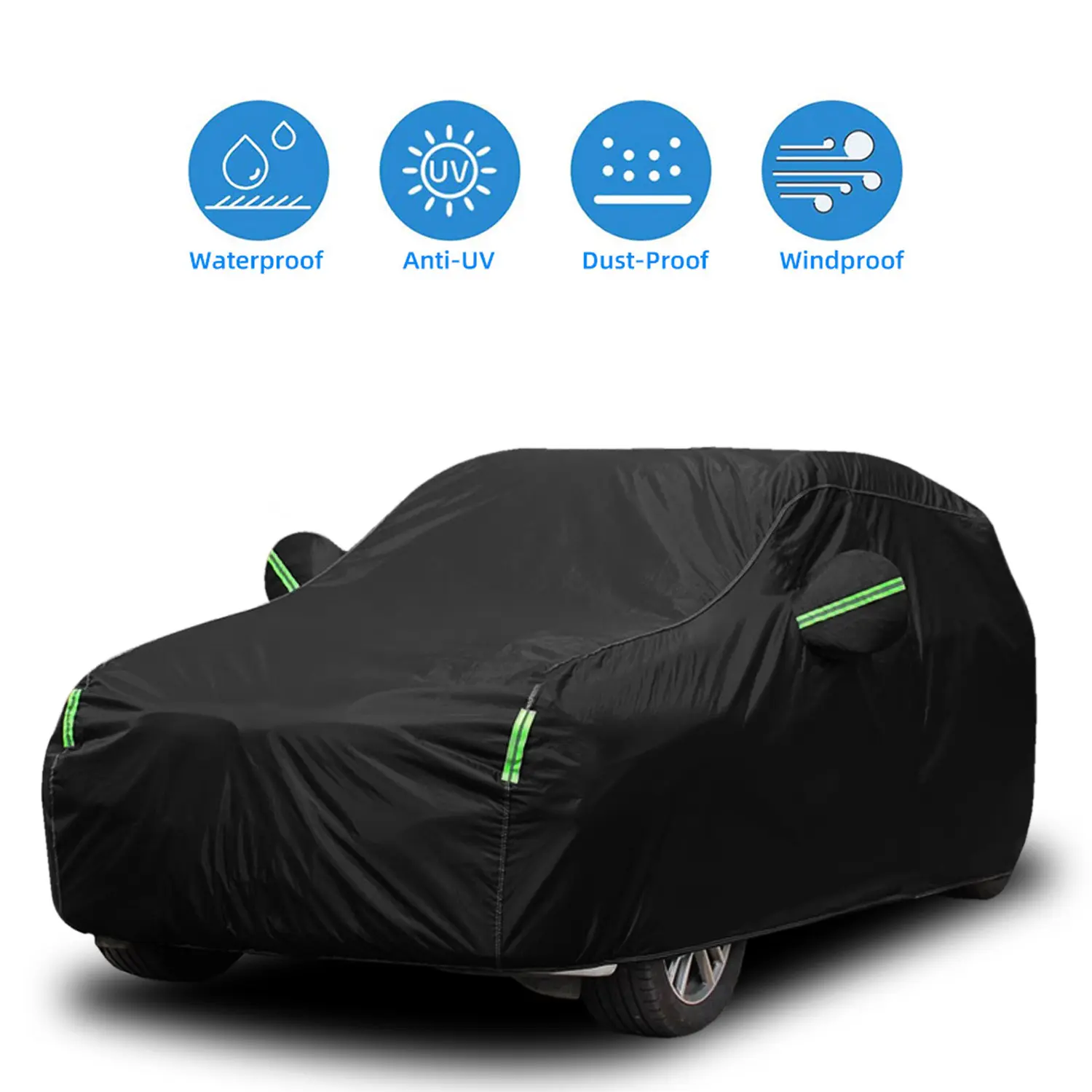Black Waterproof All-Weather Full Car Cover, Outdoor Sun UV Snow Dust Protection, Universal Fit for Sedans & SUVs