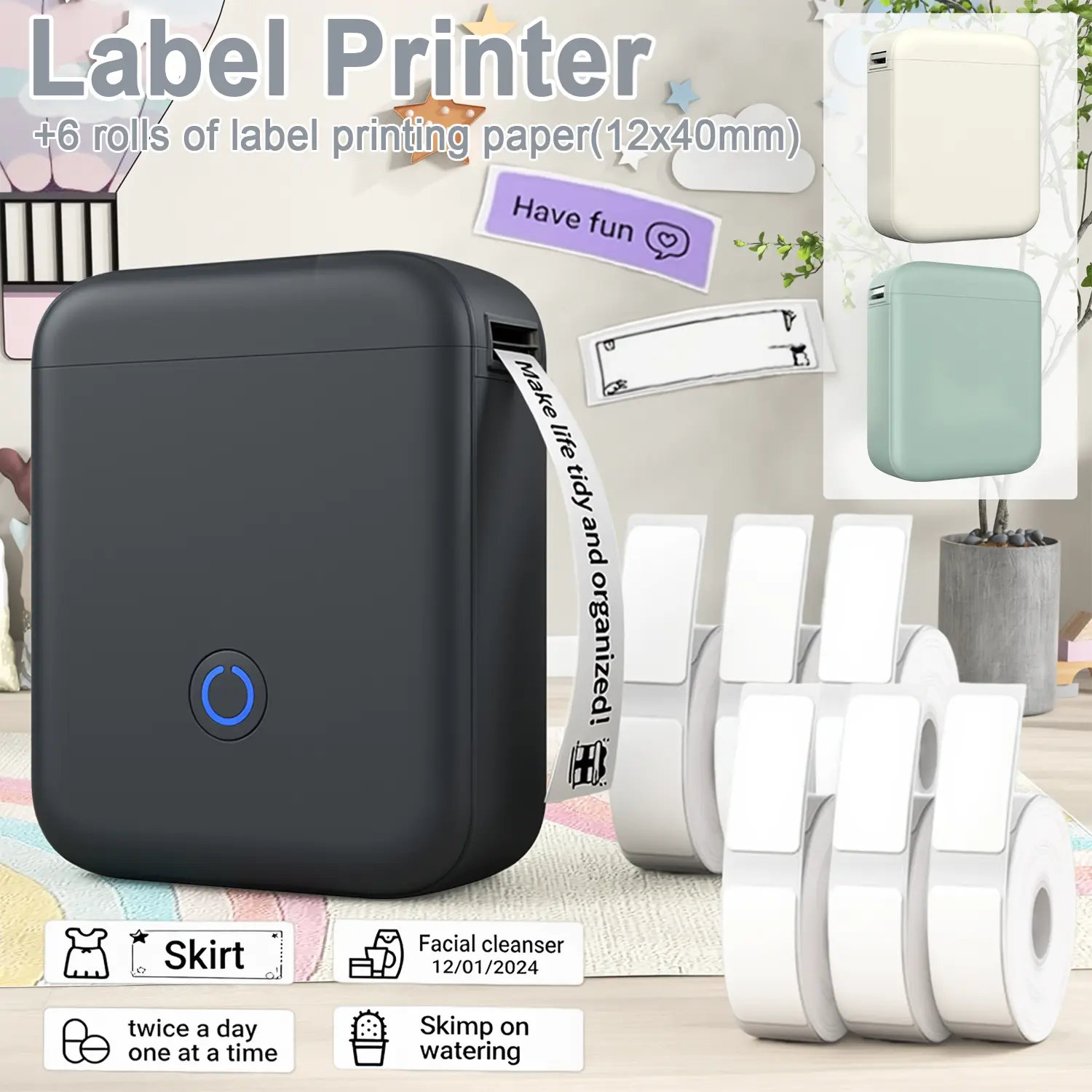 Multi-Functional Wireless Label Printer (Comes with 6 Rolls of 12×40mm Label Paper) – Portable Thermal Label Maker, Ideal for Retail Labels, Barcodes & Kitchen Storage Organization