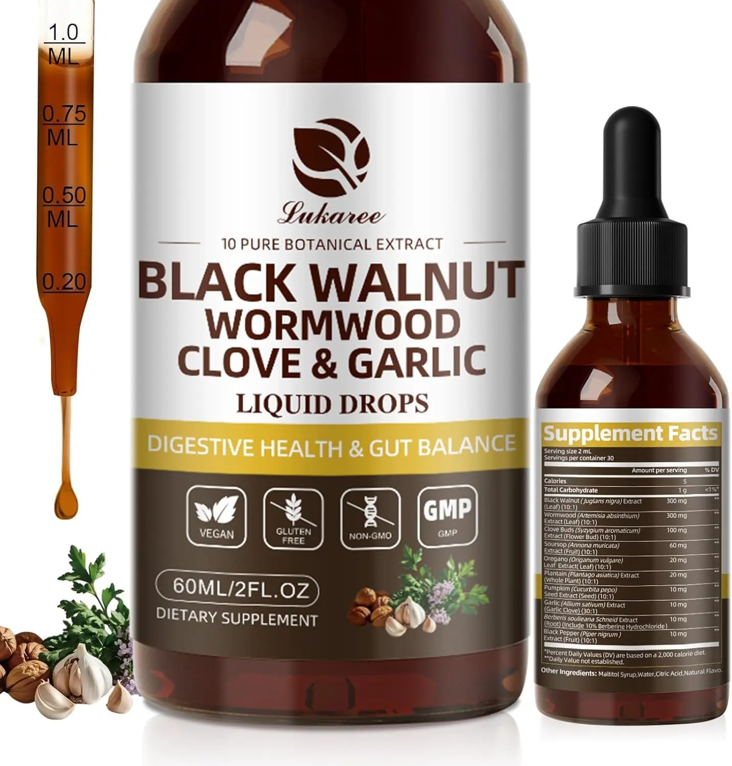 Lukaree Herbal Black Walnut & Wormwood Liquid Drops | Oregano, Garlic & Berberine Blend | Digestive Wellness Support | Liposomal Formula | 2 fl oz
