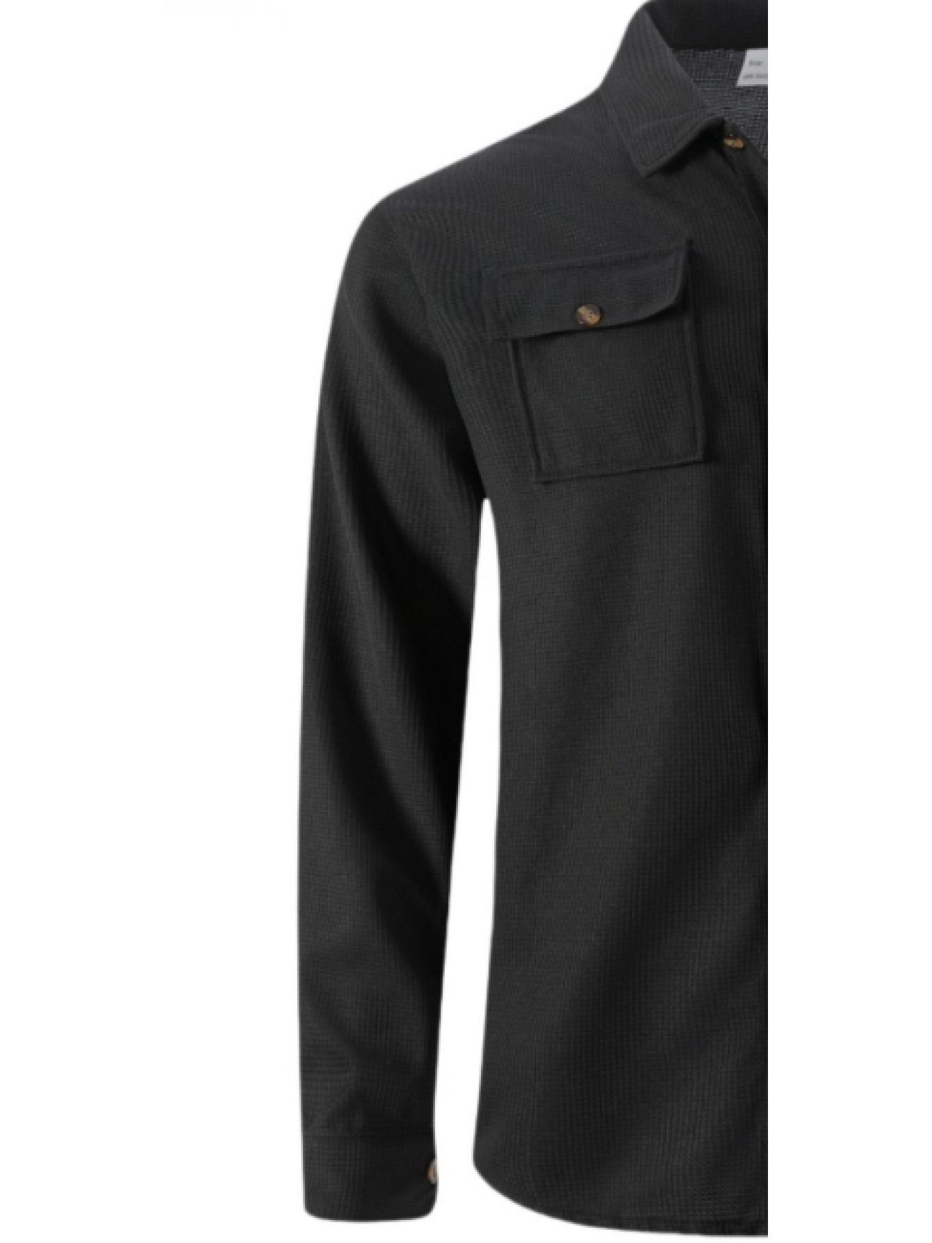 Autumn New Waffle Long Sleeved Pants Two-Piece Set Solid Color Double Pocket Button Up Cardigan Shirt Set for Men