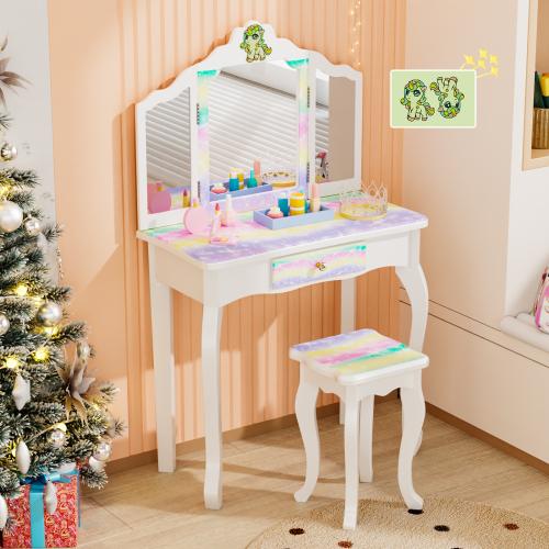 Karlhome Kids Vanity Set with Mirror and Lights and Stool, 5 Storage Drawers, Pretend Play Princess Makeup Desk Dressing Table and Stool Set for Little Girls Age 3+, Macaroon Pink