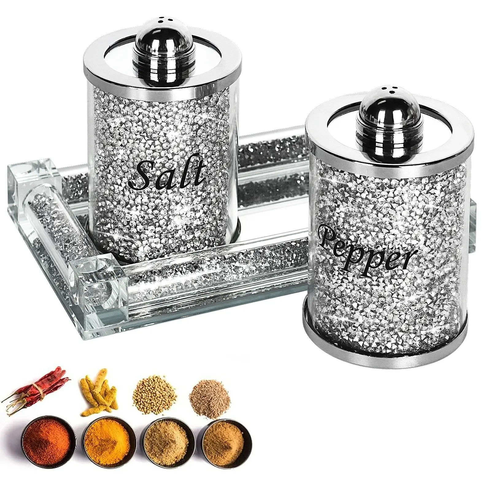 Crystal Salt and Pepper Shakers with Mirrored Tray, Crystal Crushed Diamond Home Decor, Bling Glass Salt and Pepper Shakers, Sparkly Salt Pepper Glass Jar for Kitchen, Dining Table, Restaurant
