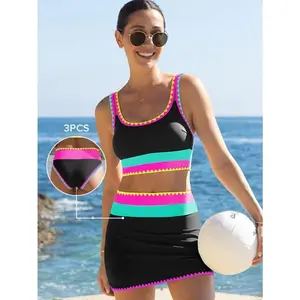 New women’s quick-dry color-block three-piece high-waisted bikini set with beach ball and kayak prints, featuring a high-waisted design and adjustable wide shoulder straps; fluorescent sporty swimwear with UV400 sun protection—summer beach swimwear for Ti