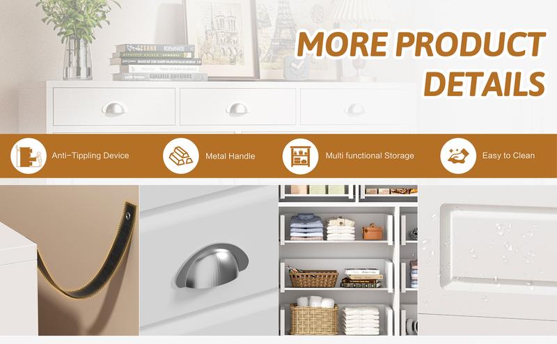 Walsunny Dresser for Bedroom with 9 Drawers, Farmhouse Wood Clothes Storage Cabinet Pantry Bins Organizer for Living Room, Entryway and Hallway, White