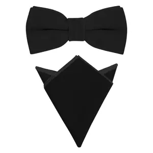 INSPIRE CHIC Men's Velvet Adjustable Pre-Tied Bow Tie Solid Color Pocket Square Set Black