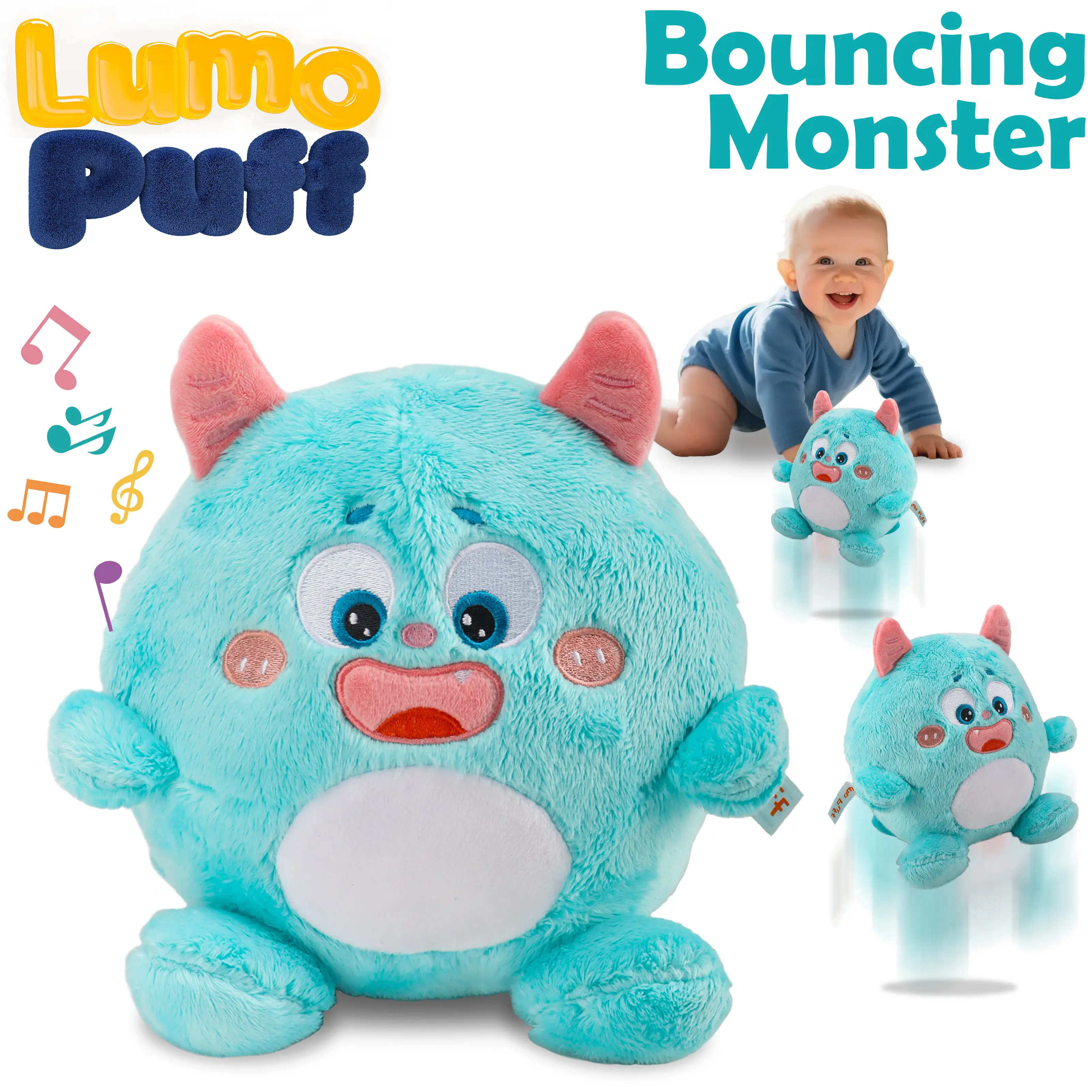 LUMO PUFF Musical Plush Toys Gift for Baby, Valentines Stuffed Monster- 9.5"*8.5" Plush Bouncing Monster - Singing Mimicking Repeating Toys - Rechargeable -  Built-in 48 Melodies -Kids Birthday and Valentines Gift Warm Up for Holiday, Stuffed Animal Gift