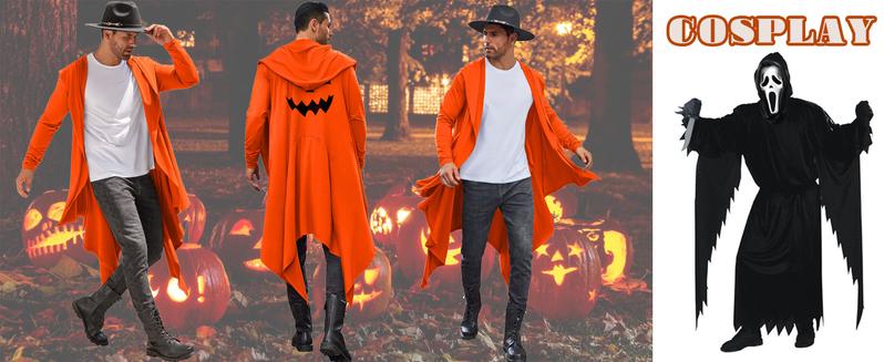 COOFANDY Fall Outfits Men's Black Long Hooded Cardigan Ruffle Shawl Collar Open Front Lightweight Drape Cape with Side Pockets Casual Elastic Workwear 3/4 Length