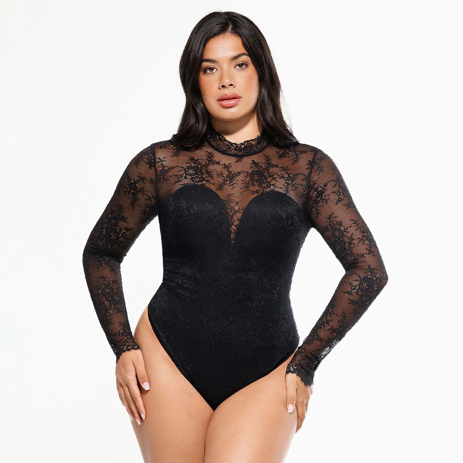 Popilush Deep V Long Sleeve Bodysuit - Sheer Lace Turtleneck with Built-in Bra, Tummy Control & Breathable-Creator Live