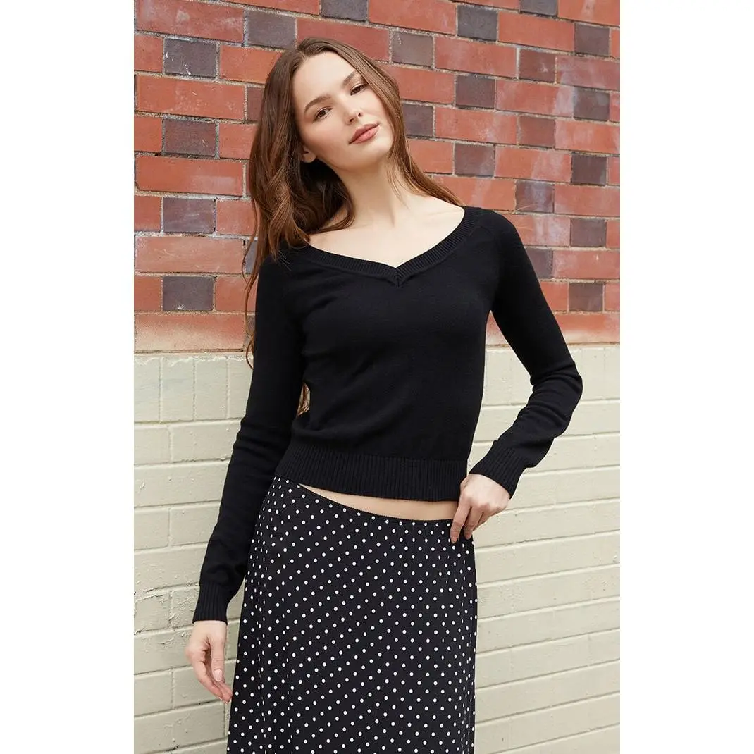 John Galt Women's Black Off-The-Shoulder V-Neck Sweater