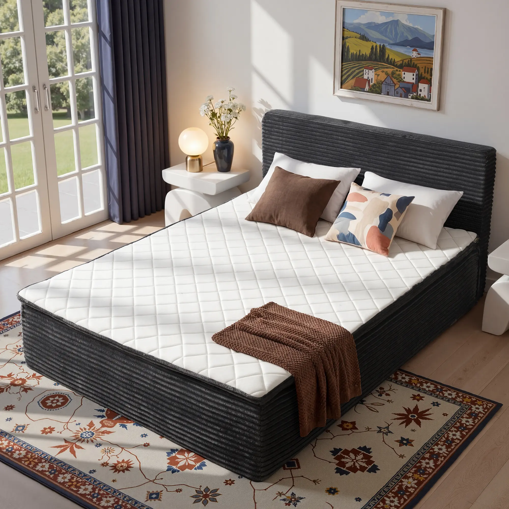 CAODOC Rectangular 2-in-1 Boneless Cloud Bed (Queen, Full, Twin Sizes) - 16" High Foam & Spring Hybrid Mattress with Bed Frames, No Assembly Required, No Box Spring Needed for Bedroom Floor Use