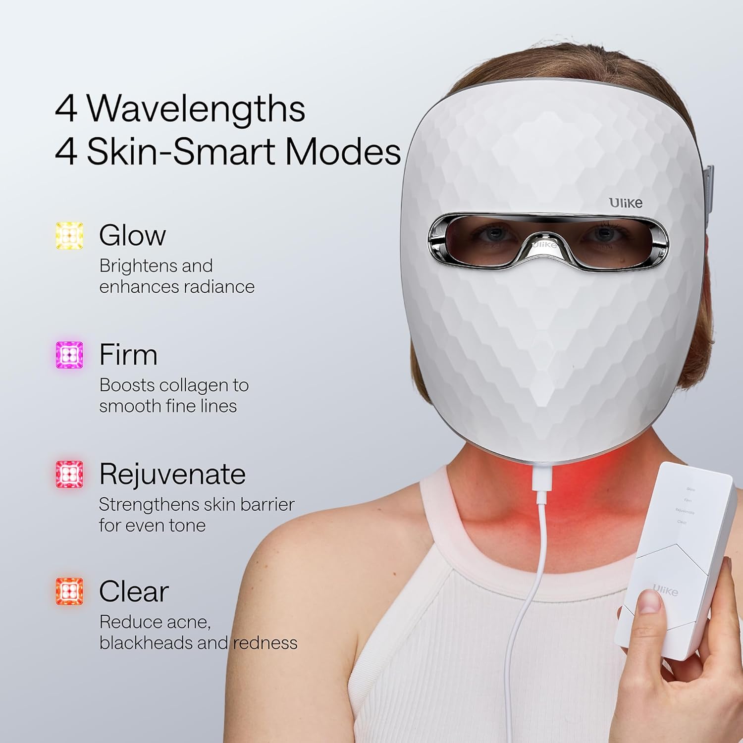 Ulike Red Light Therapy for Face, 2-Year Warranty，ReGlow LED Light Therapy Facial Mask With Red, Blue, Yellow &Infrared Red Light, 4-in-1 Modes for Firming, Rejuvenation, Brightening & Clearing, 360°Mirror Reflection