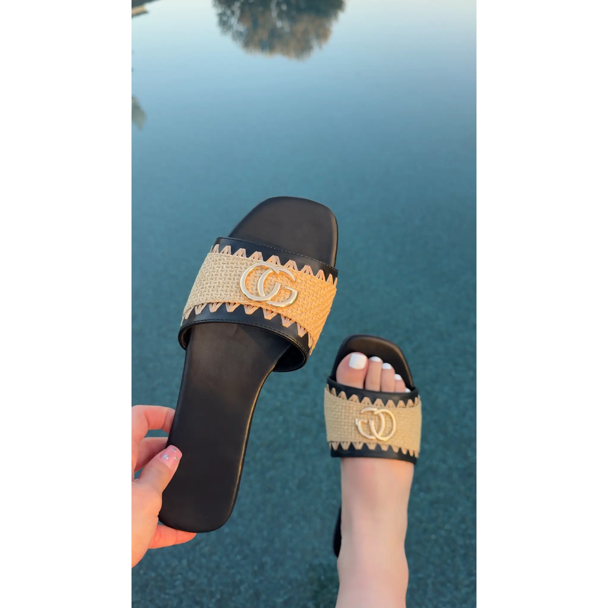 Jennifer Slip On Flat Sandal - CG Lettering Raffia Detail Strap Design