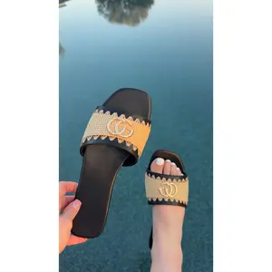 Jennifer Slip On Flat Sandal - CG Lettering Raffia Detail Strap Design