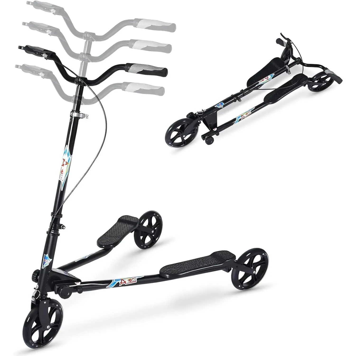 Foldable 3-Wheel Drifting Scooter for Kids Over 8 & Adults, Wiggle Tri-Slider with Adjustable Handlebar and Non-Slip Decks, Sturdy Construction with Handbrake, 220 lb Capacity, Three Wheels